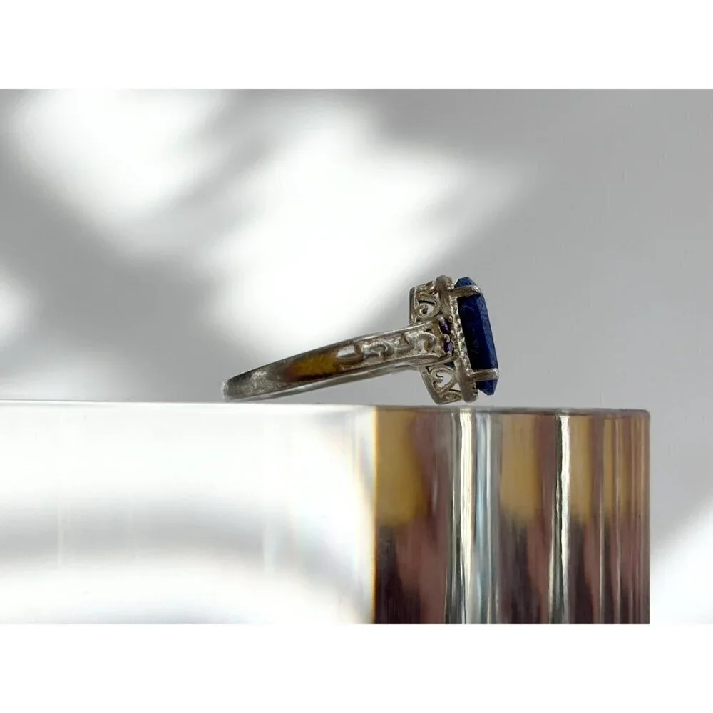 Lapis Lazuli Oval Cut Ornate Cutout Sterling Silver Vintage Ring - sz 4.75 - Picture 3 of 10